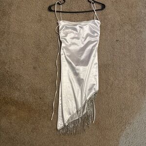 Elegant White Satin Mini Dress with Fringe